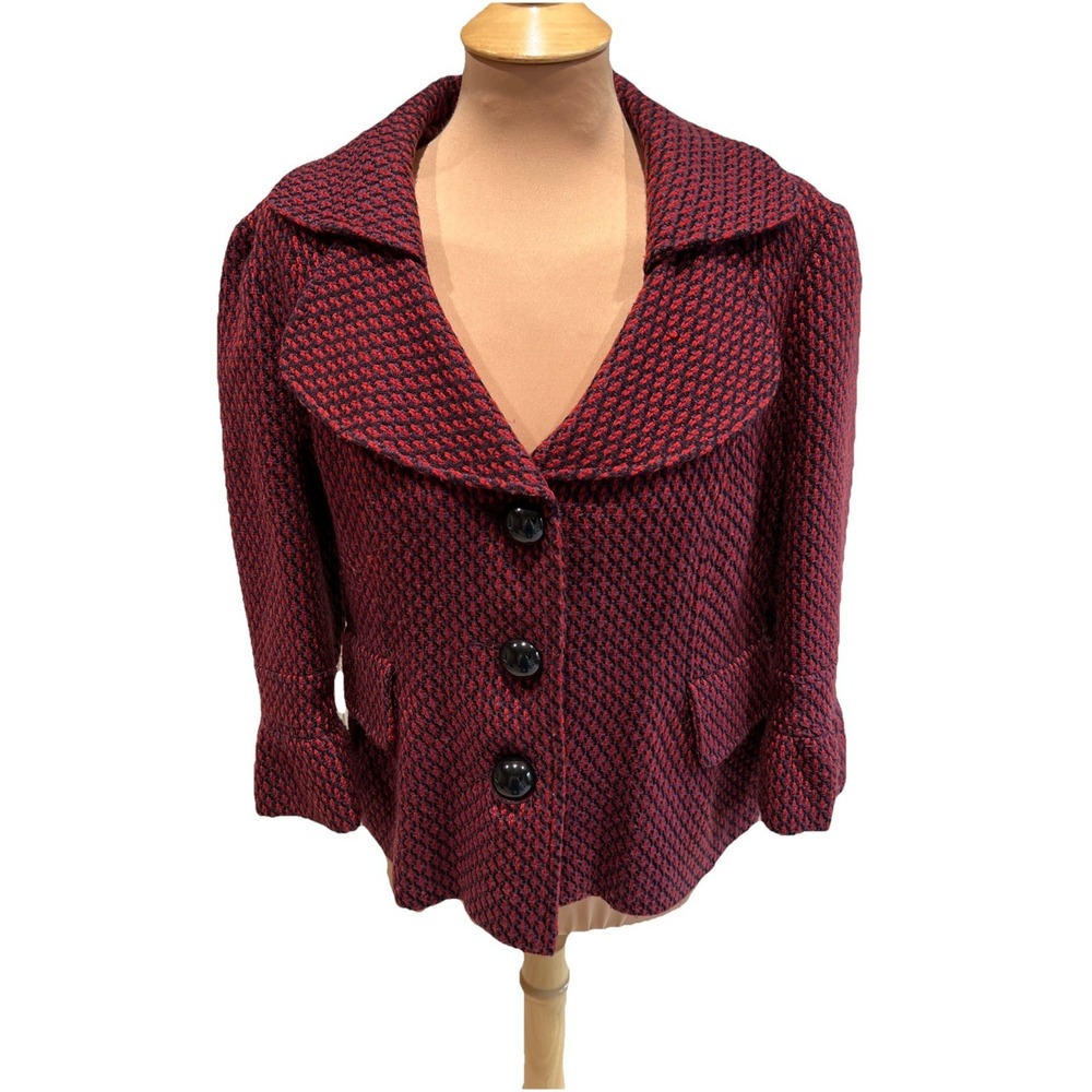 Mac & Jac Tweed Cropped Jacket Womens Size‎ XL Red & Purple Retro Ruffle Sleeve